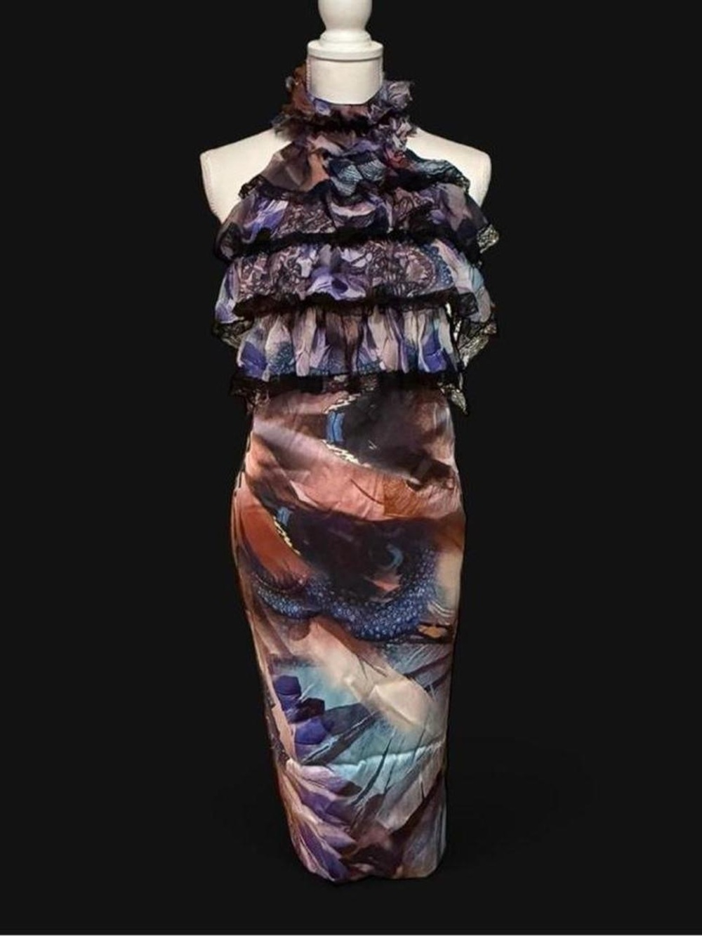 Vintage Just Cavalli Ruffled Midi Dress in Blue, Purple and Brown Sz XS/S